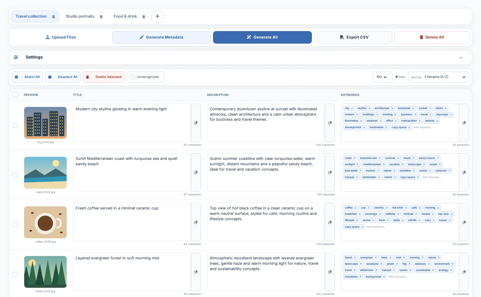 Английский интерфейс StockerBot с проектами, файлами и готовыми метаданными